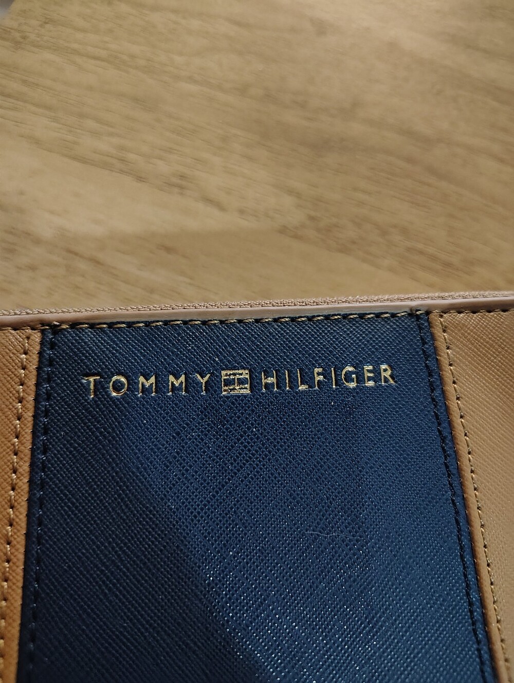 Tommy Hilfiger Navy and Tan Leather-Trim Women’s Wallet with Gold Logo